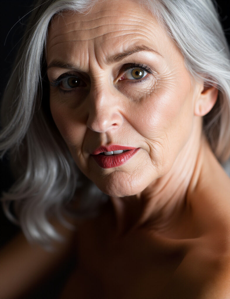 Erotic AI portrait of mature woman over 55 with silver hair and sensual gaze